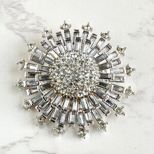 Vintage Rhinestone Sunburst Brooch With Baguette & Pave Set Rhinestones 2"